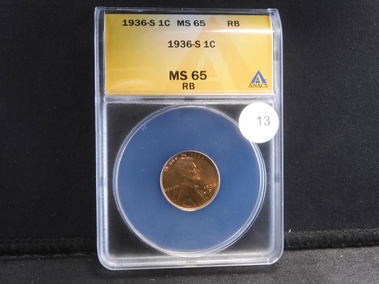 1936-S Lincoln Cent.  Slabbed by ANACS (respected grader) as MS 65 Red Brown. (1 of 4)