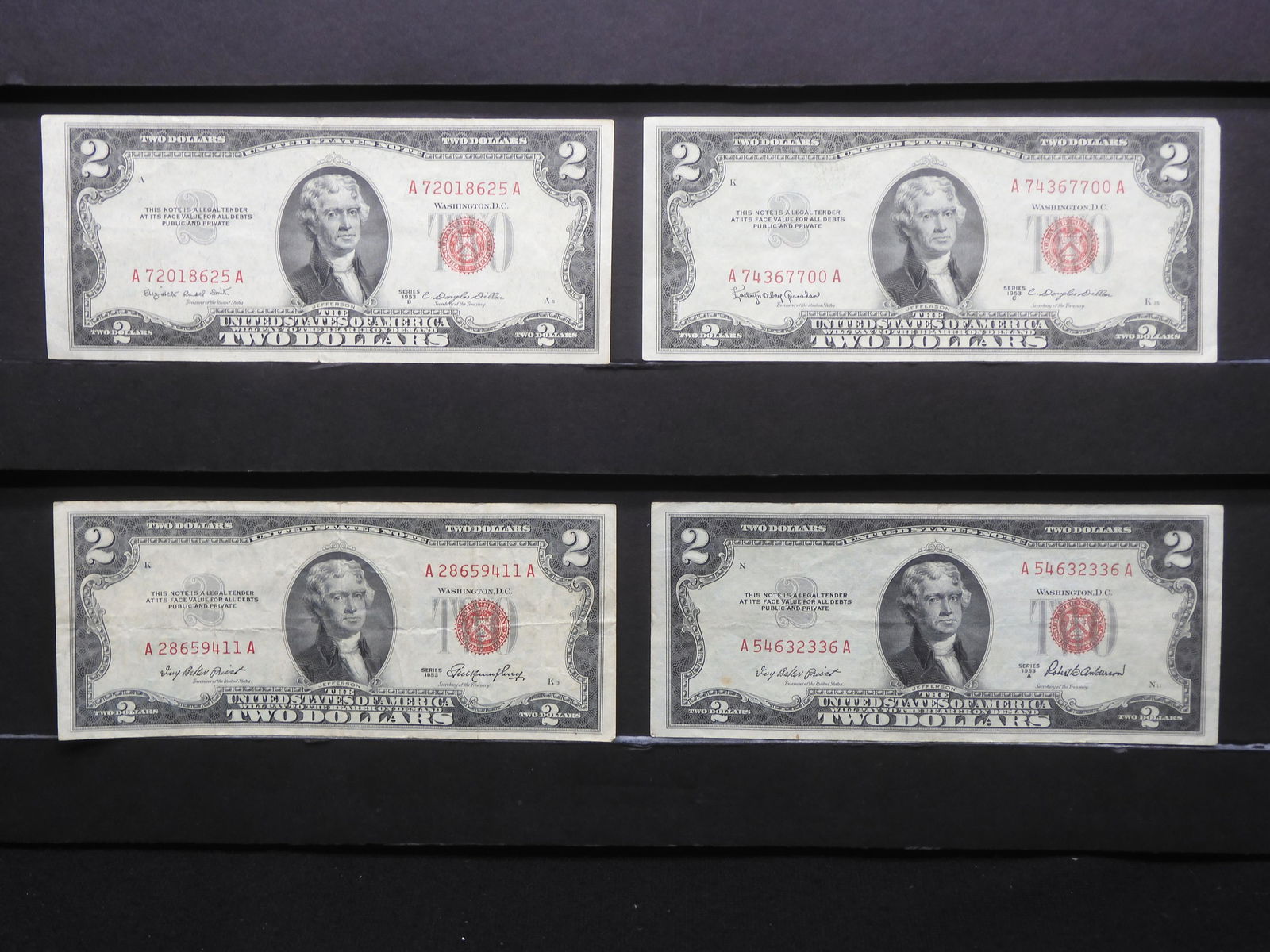(4) Red Seal $2 notes:  1953, 53A, 53B, and 53C.  Nice VF. (1 of 7)