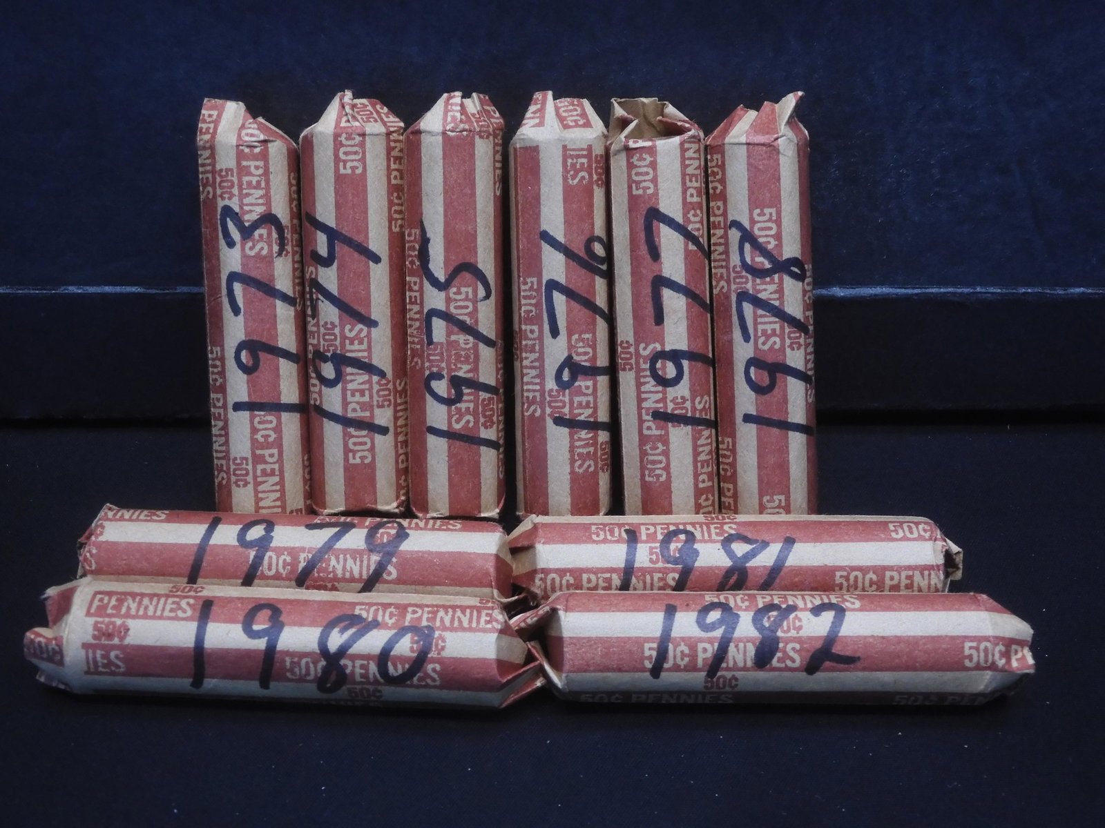 10-rolls of Lincoln Pennies 1973-1982 1 roll each: 10-rolls of Lincoln Pennies 1973-1982 1 roll each