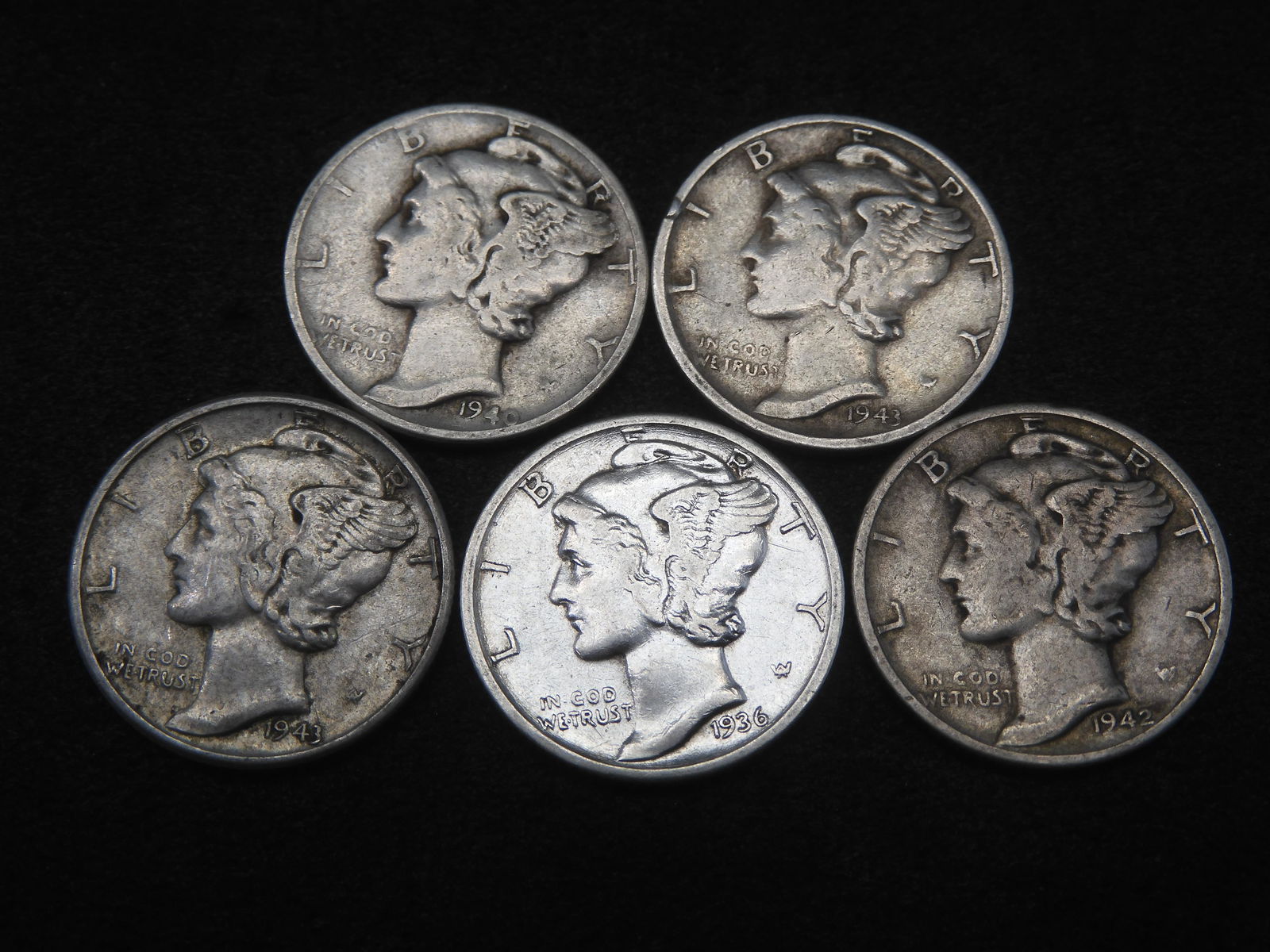 Five Mercury Dimes Mixed Dates (1 of 2)
