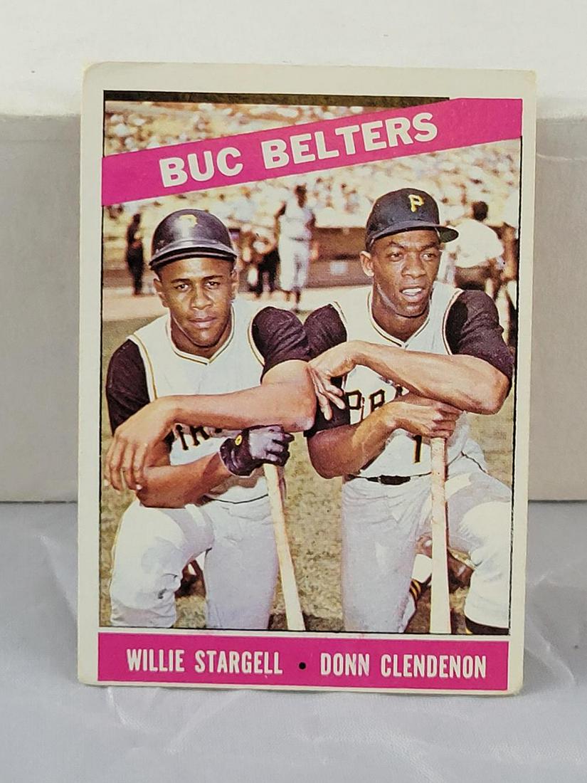 1966 Topps Baseball Pirates Lot w/ Stargell: #15 Vern Law, #33 Jim Pagliaroni, #54 Joe Pagan, #99 Buc Belters (Stargell), #123 Pirates Rookies, #144 Don Schwall, #182 Jerry Lynch, #235 Don Cardwell, #248 Pete Mikkelsen, #335 Al McBean, #375 Donn