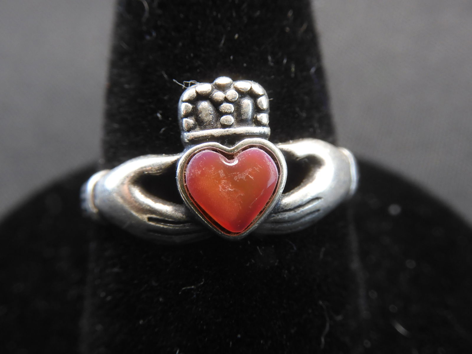 Woman's Sterling Silver Ring, Size 8.  Pink Heart Shaped Stone.  Marked cWMo STER.  Weighs 0.11 Toz (1 of 4)