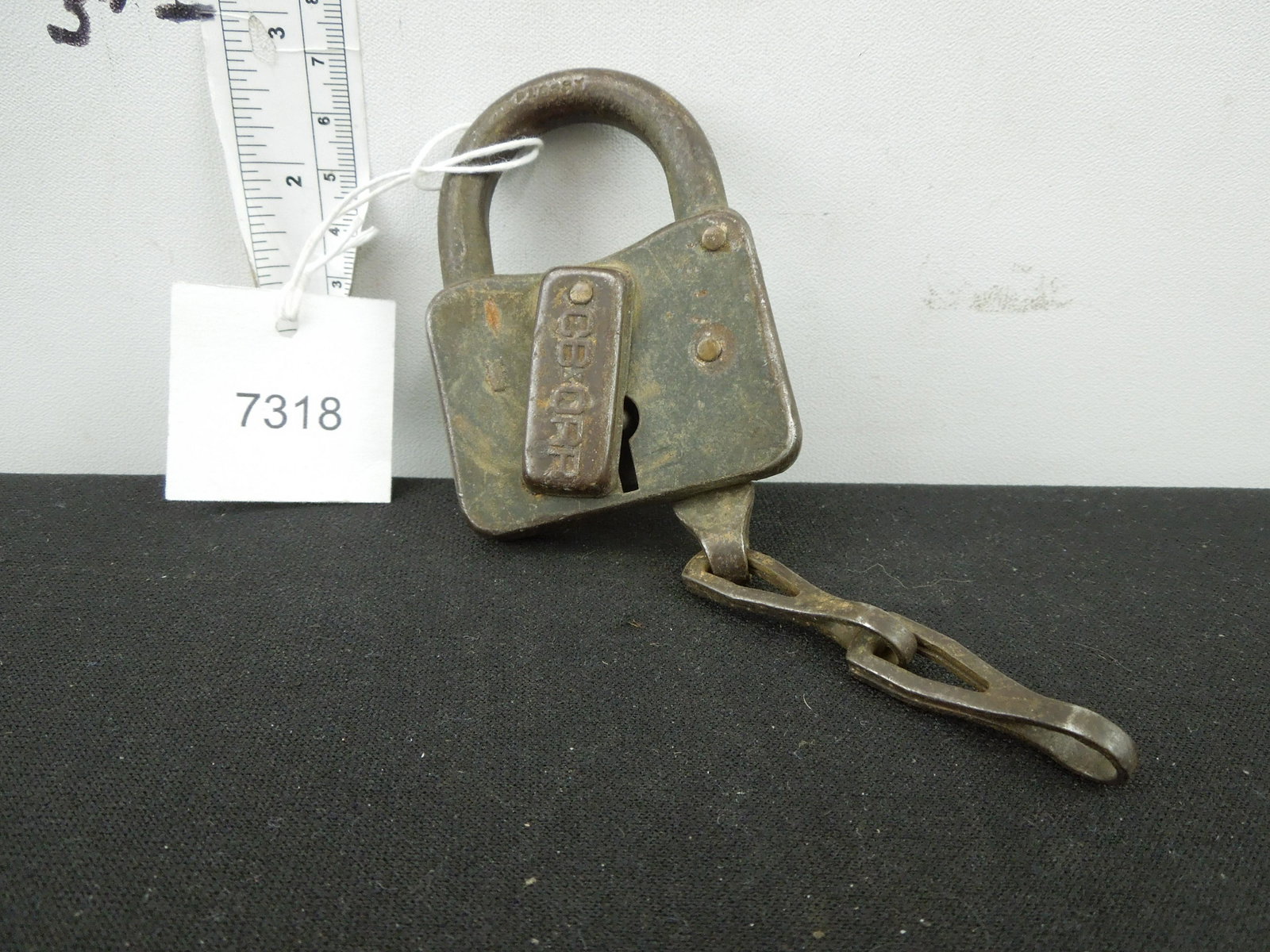 CB&QRR Unknown Steel small square utility lock, key cover spring broke: CB&QRR Unknown Steel small square utility lock, key cover spring broke