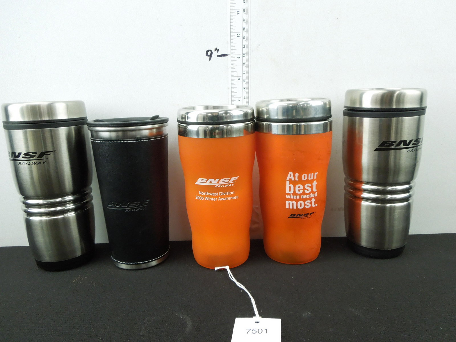 BNSF Various Logos Lot of Four Stainless Mugs, New: BNSF Various Logos Lot of Four Stainless Mugs, New