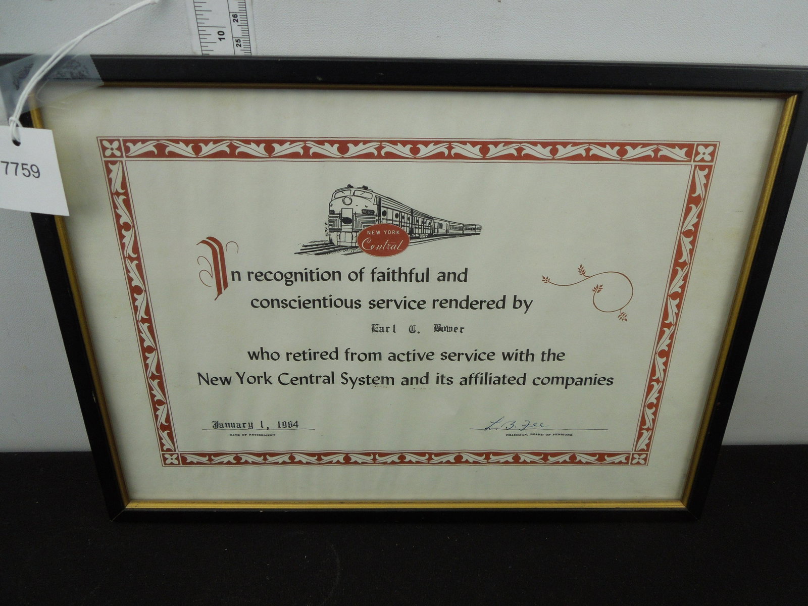NYCS Retirement Certificate NYCS Earl G Bolmer, 1964, in Frame: NYCS Retirement Certificate NYCS Earl G Bolmer, 1964, in Frame
