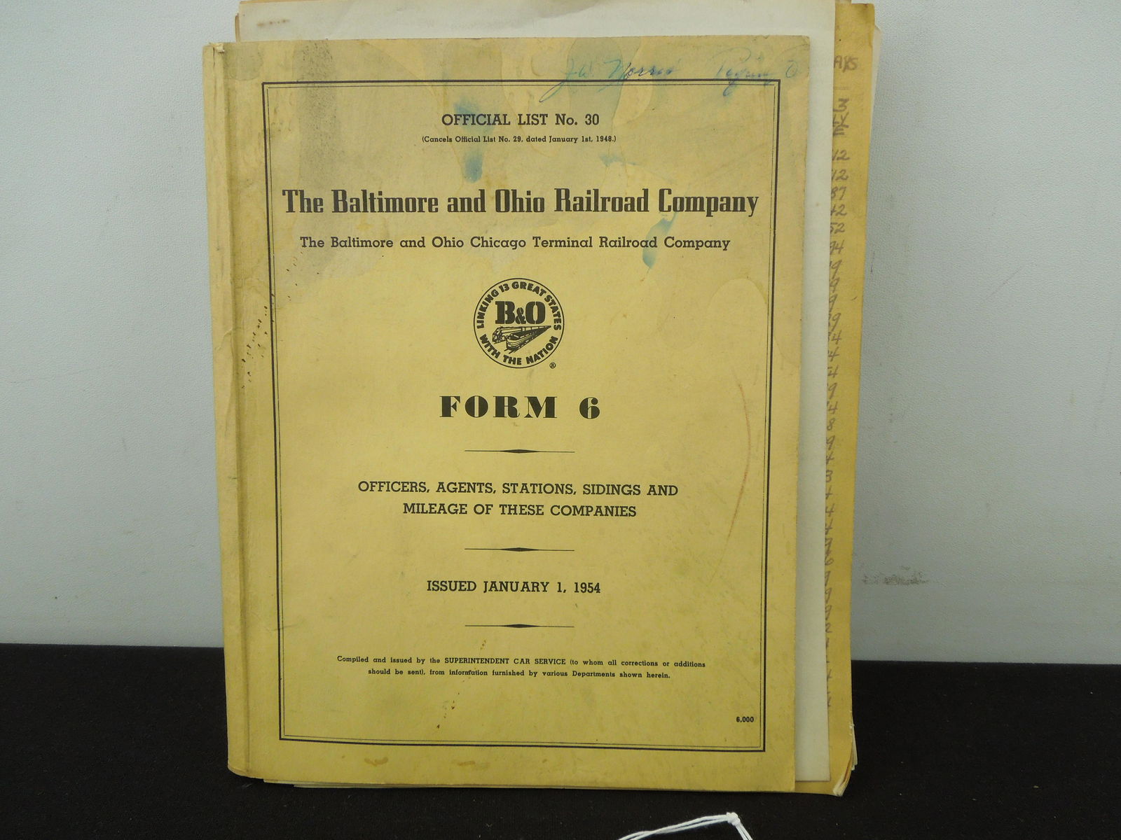 Baltimore and Ohio railroad Company Form 6, Officers, Agents, Stations, Sidings and Mileage of These (1 of 5)