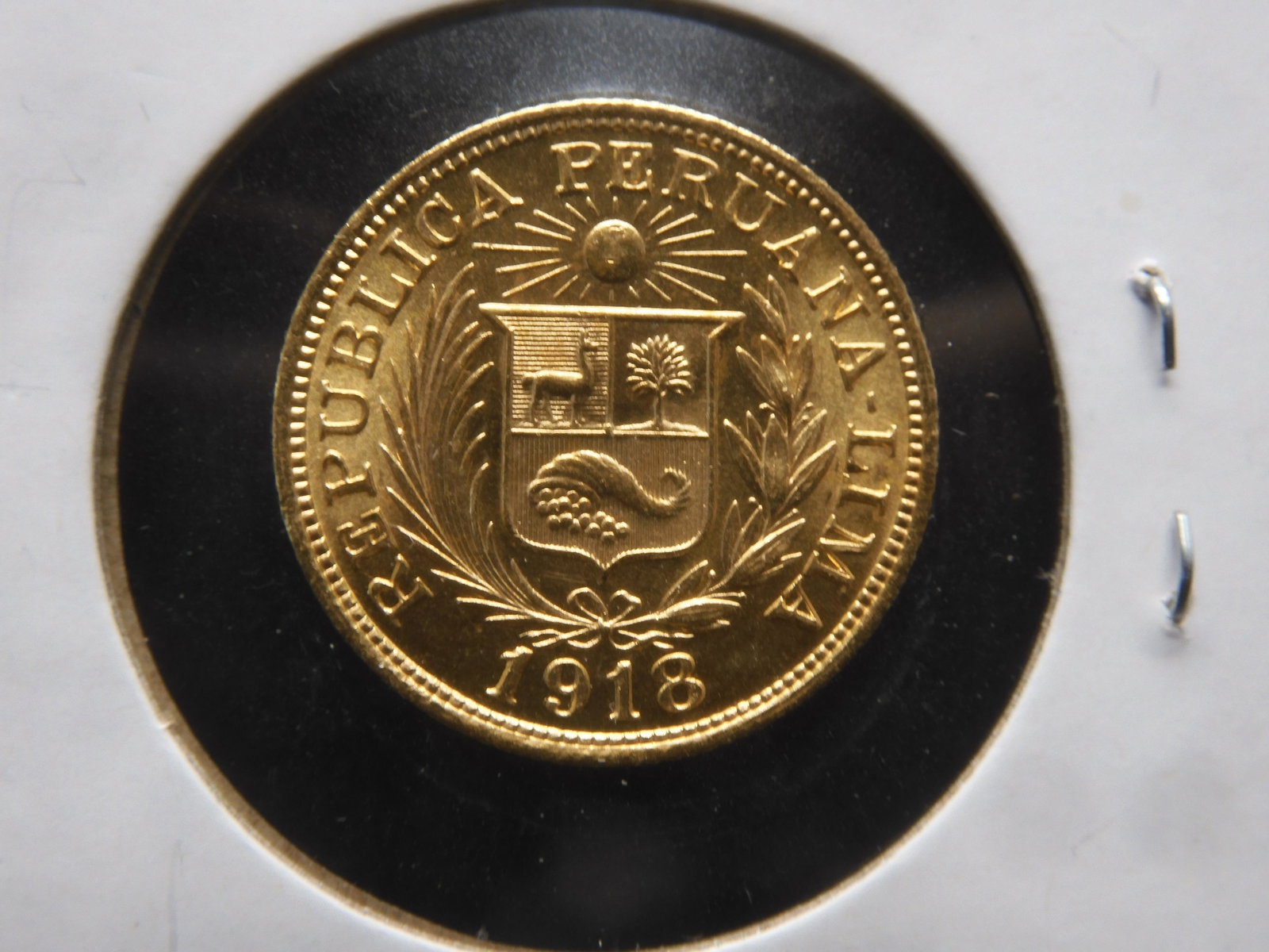 1918 Peru Libra 7.99G .917 Gold Coin: 1918 Peru Libra 7.99G .917 Gold Coin