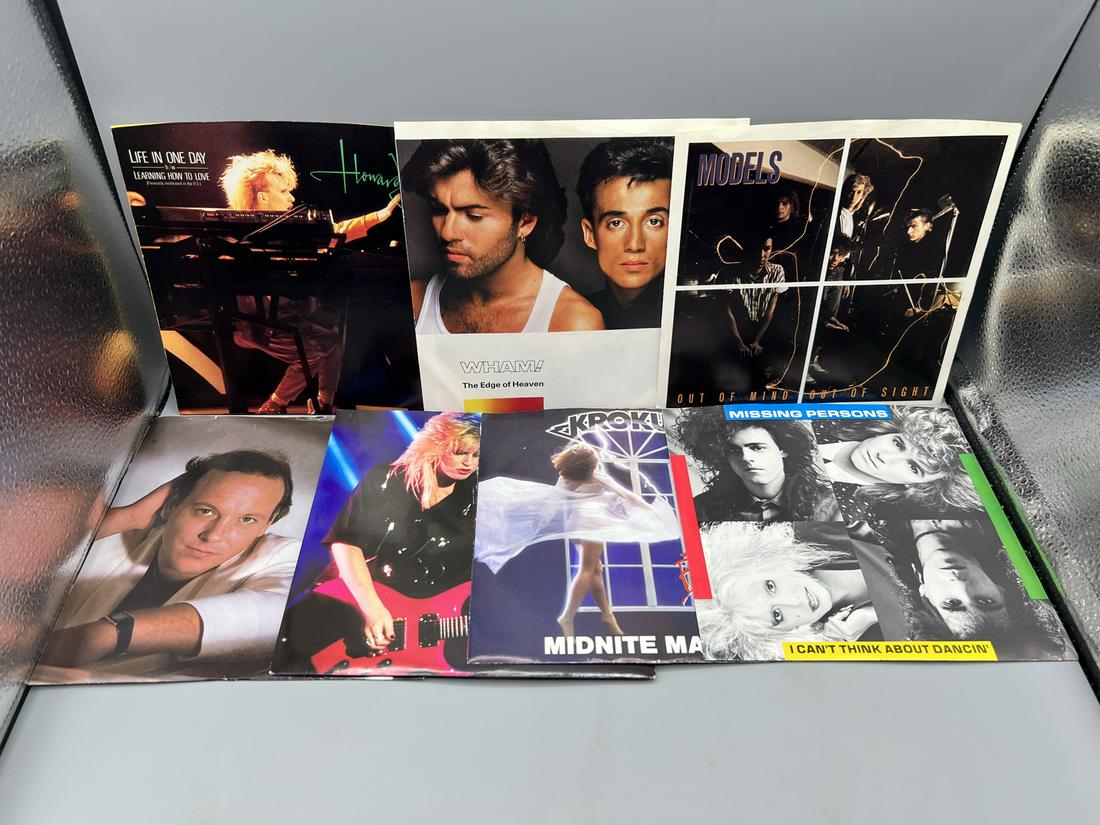 Lot of (7) Assorted Vintage 45 Vinyl Records with Picture Sleeves - Wham, Models, Missing Persons, (1 of 4)