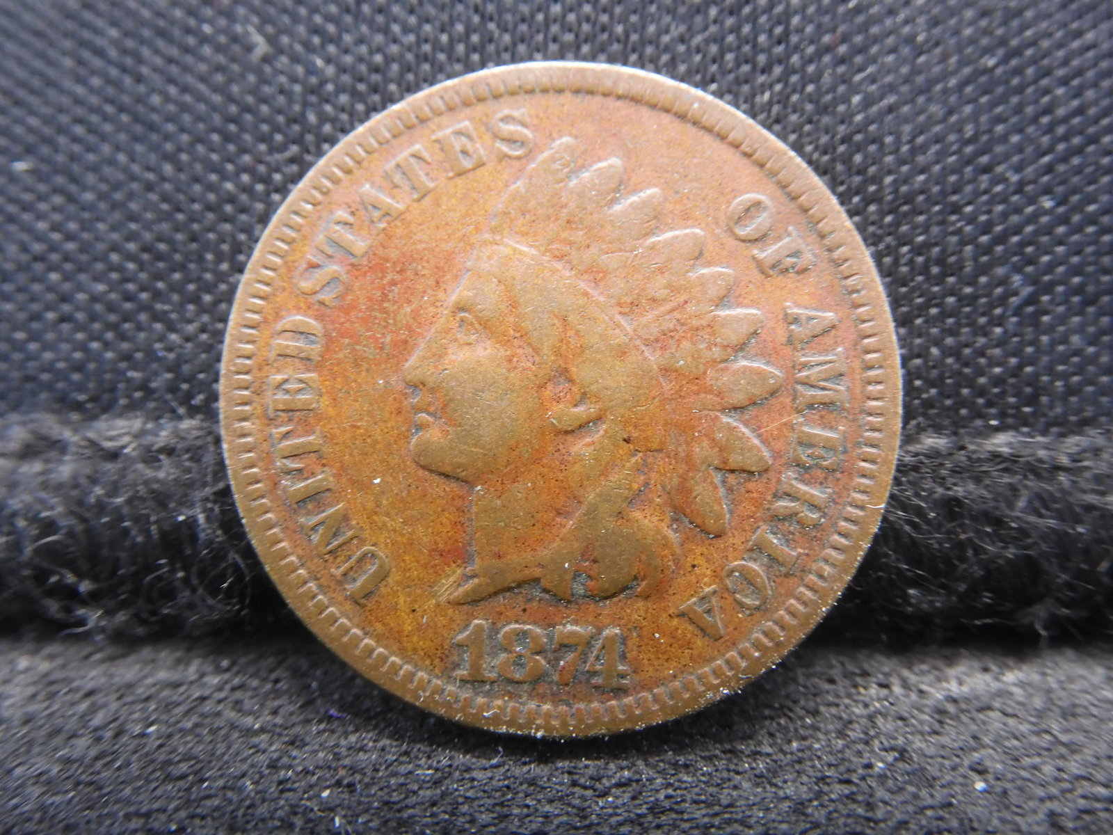 1874 Indian Cent.   Fine.  Liberty fuzzy but readable. (1 of 3)