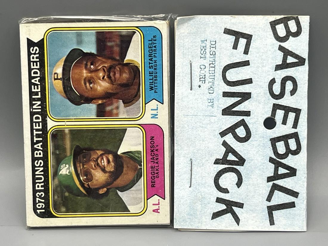 1974 Topps Baseball Unopened West Corp. Cello Fun Pack - Reggie Jackson/Willie Stargell RBI Leaders (1 of 2)
