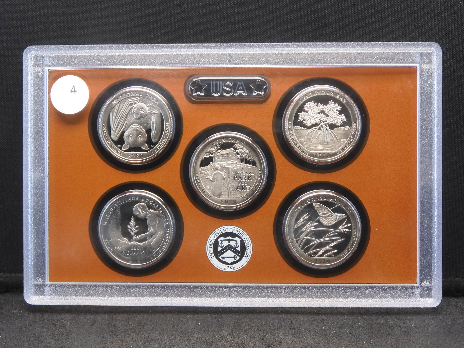 (5) coin 2020-S clad proof quarter set: Samoa, Weir Farm, Salt River, Marsh-Billings, (1 of 4)