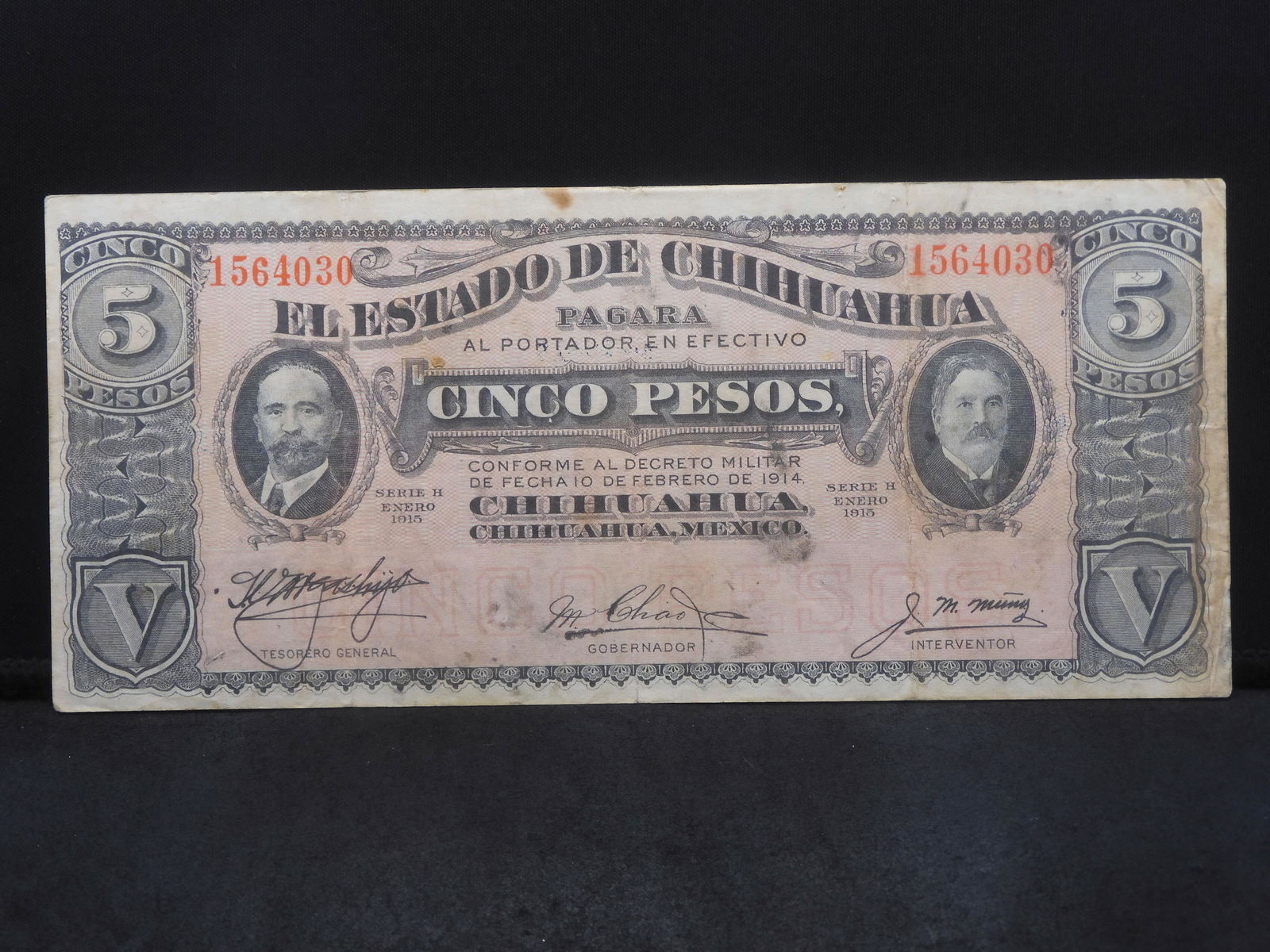 1915 Chihuahua, Mexico 5 Pesos Revolutionary War Issue Note. Portraits: Madero, Gonzalez.  REV: (1 of 6)