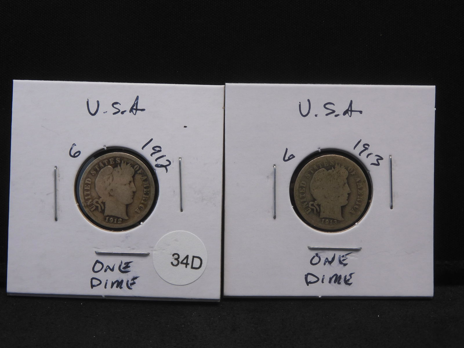 1912, 1913 Silver Barber Dimes - Over 105 Years Old! (1 of 5)