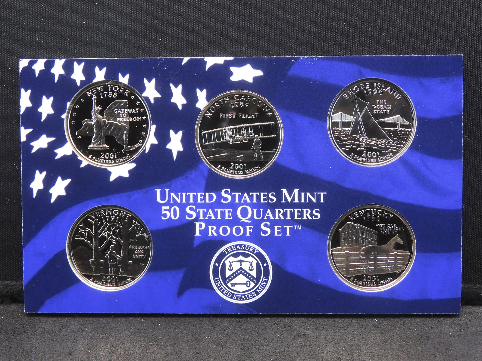2001-S US MINT SILVER PROOF COIN SET, 5 GEM STATE QUARTERS IN ORIG US - Foto 9