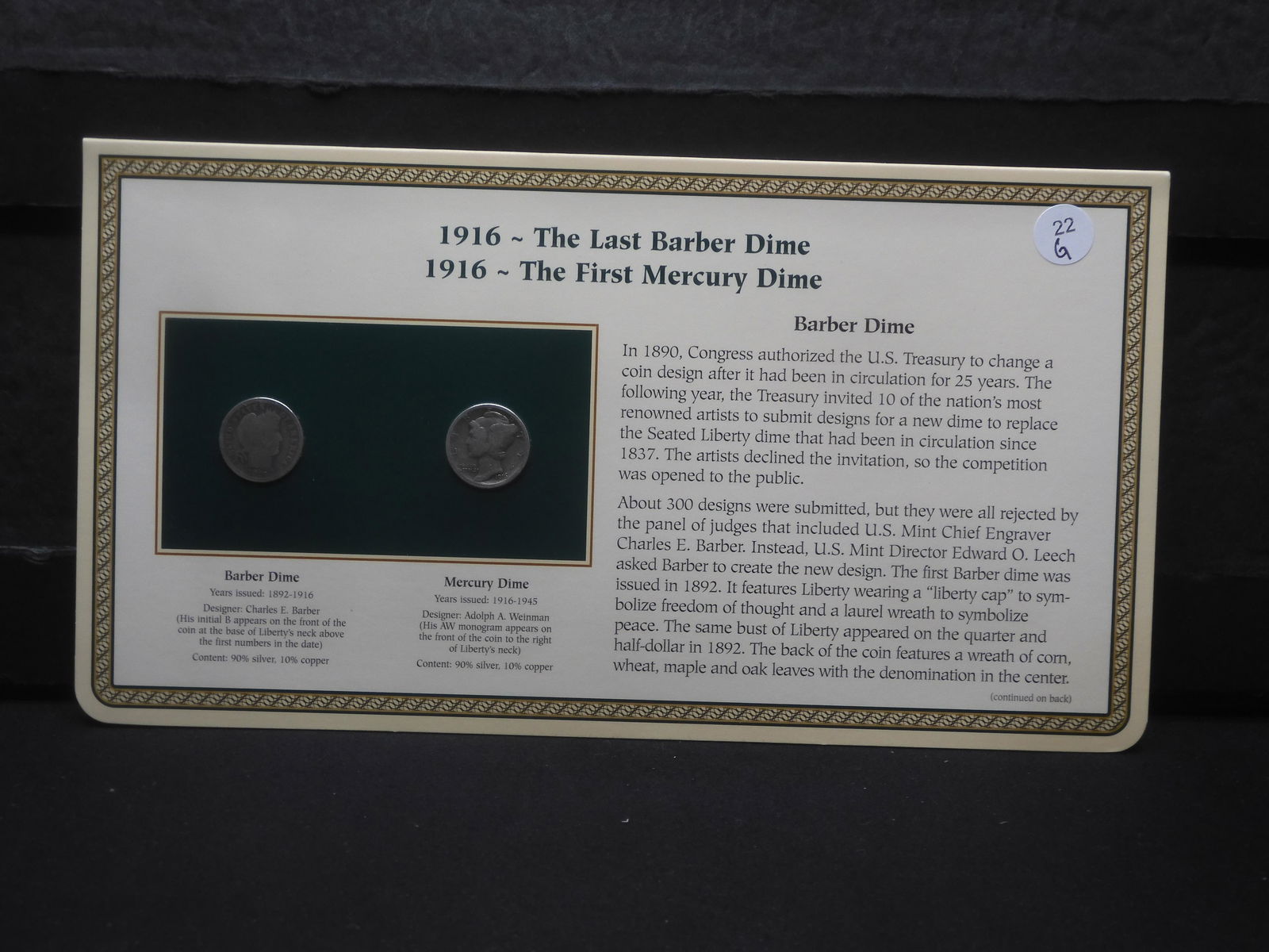 1916 Barber Dime, 1916 Mercury Dime on Informational Card (1 of 6)