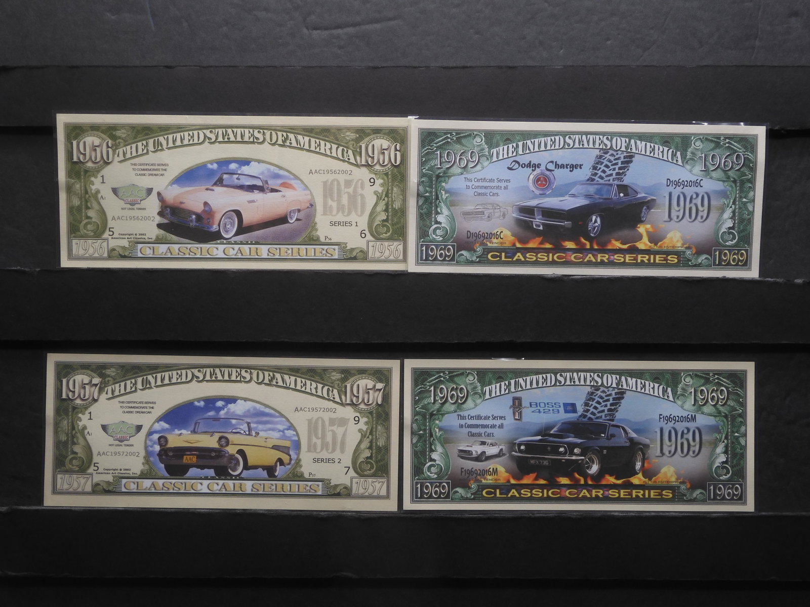 4-Novelty notes-1969 Dodge Charger, 57' Chevy, 1969 Boss 429, 1956 Thunderbird, Crisp-New: 4-Novelty notes-1969 Dodge Charger, 57' Chevy, 1969 Boss 429, 1956 Thunderbird, Crisp-New