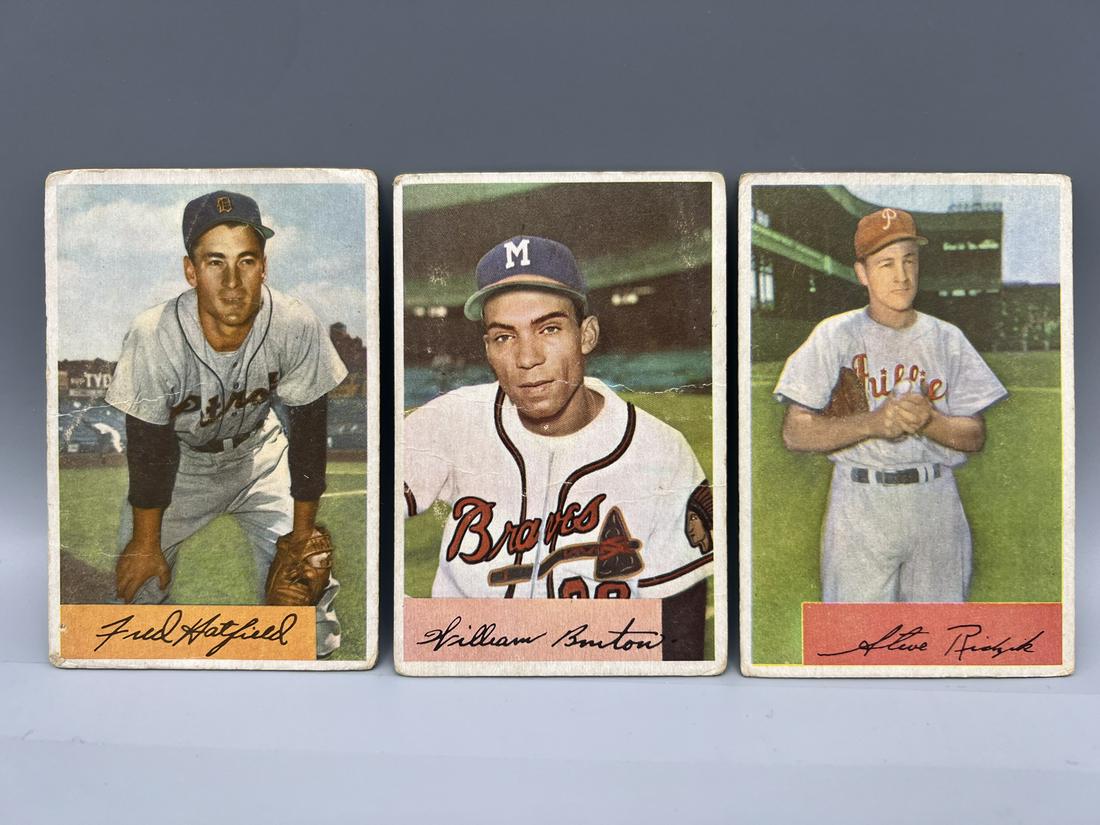 Lot of (3) 1954 Bowman Baseball Cards - Varying Conditions - Fred Hatfield #119, Bill Bruton #224, & (1 of 2)