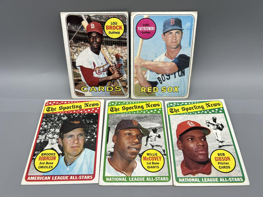 Lot of (5) 1969 Topps Baseball Star Player Cards - Varying Conditions - Lou Brock, Carl Yastrzemski, (1 of 2)
