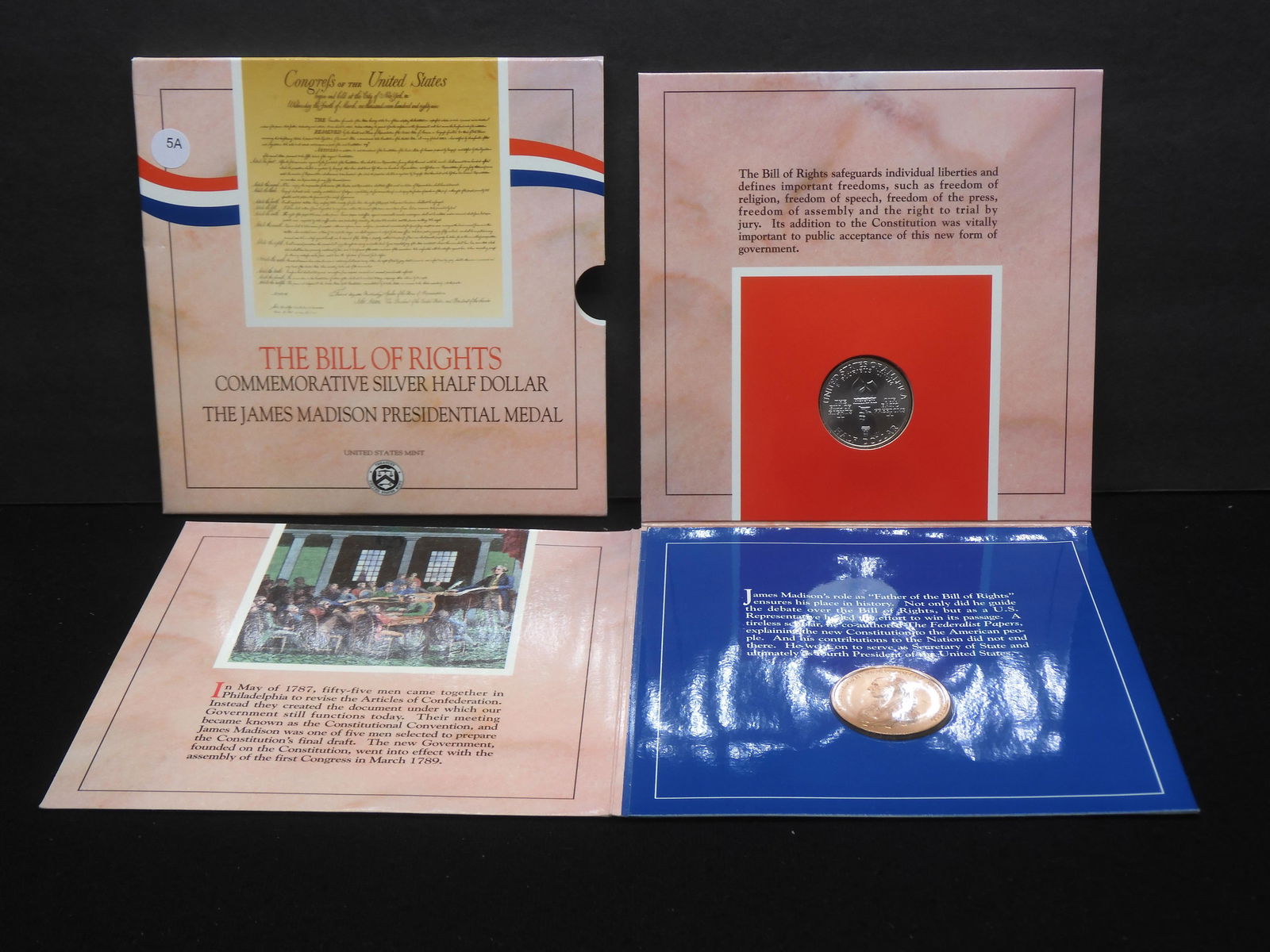 Bill of Rights commemorative silver half dollar and James Madison Presidential Medal. Both in US: Bill of Rights commemorative silver half dollar and James Madison Presidential Medal. Both in US Mint issued set.