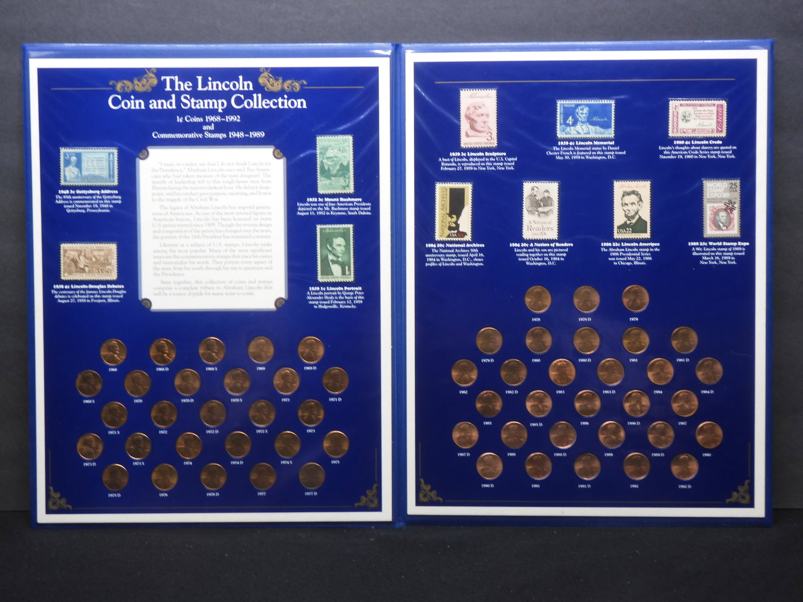 Lincoln Coins and Stamps in PCS display. (57) BU cents from 1968 to 1992-D including S mints, (11): Lincoln Coins and Stamps in PCS display. (57) BU cents from 1968 to 1992-D including S mints, (11) Lincoln stamps (Mint), etc.