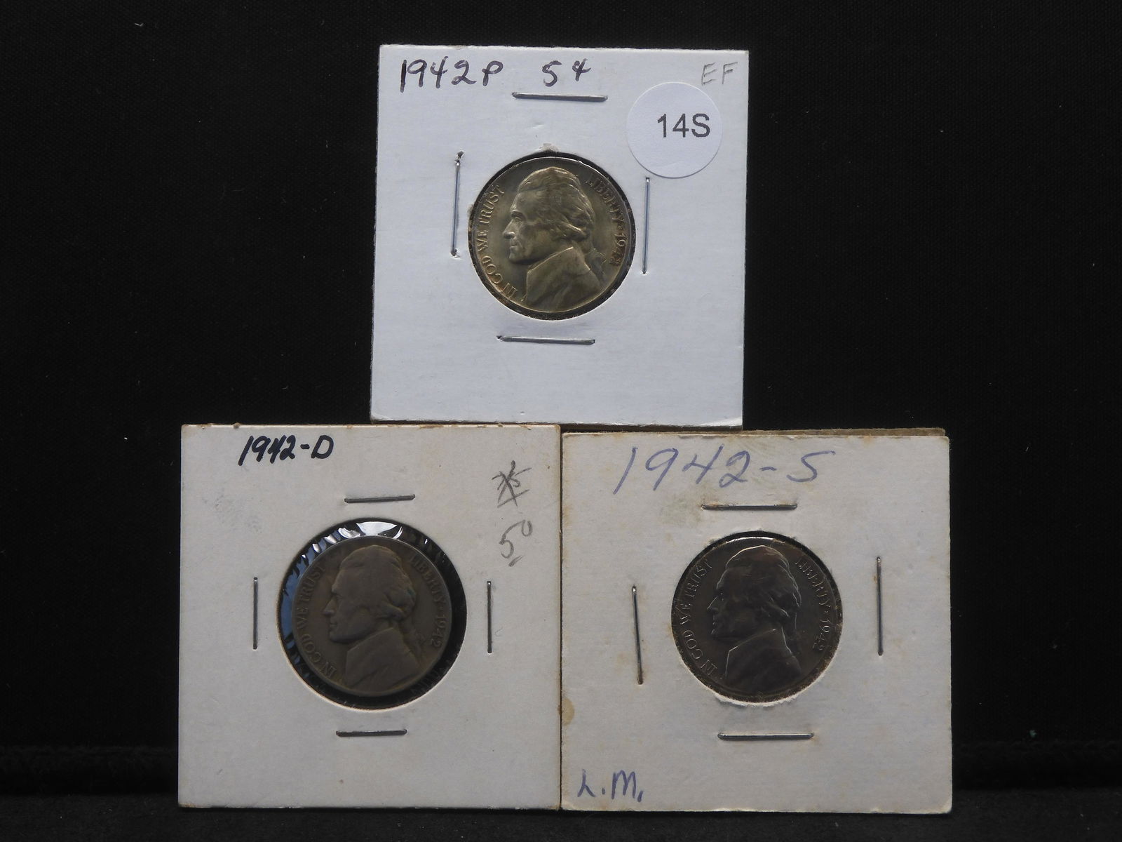 1942 P,S Jefferson War Nickels. 35% Silver & 1942-D Jefferson Nickel: 1942 P,S Jefferson War Nickels. 35% Silver & 1942-D Jefferson Nickel