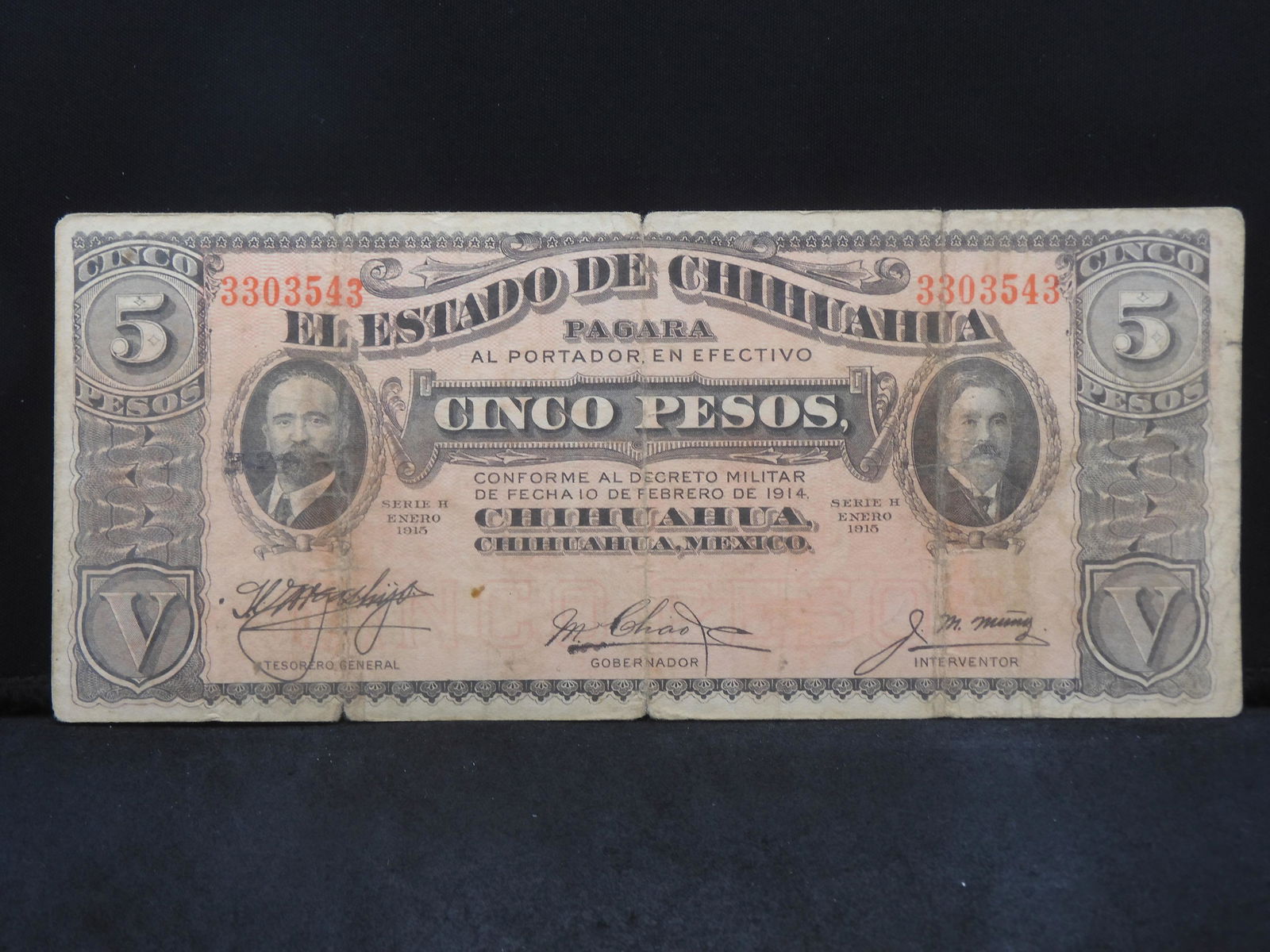 1915 Chihuahua, Mexico 5 Pesos Revolutionary War Issue Note. Portraits: Madero, Gonzalez.  REV: (1 of 6)
