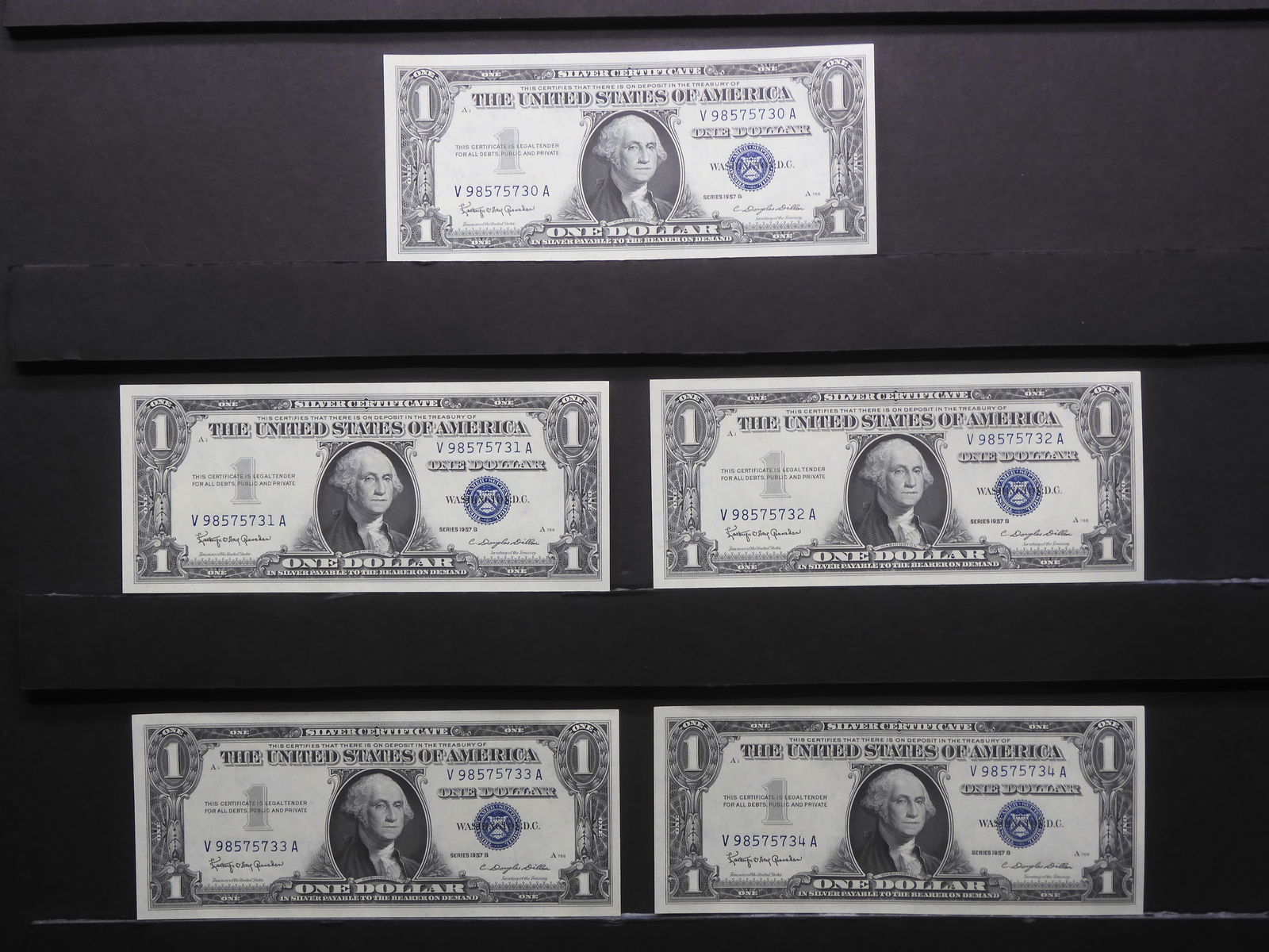 5 Consecutively Numbered Series 1957-B $1.00 Silver Certificate - CRISP (1 of 7)