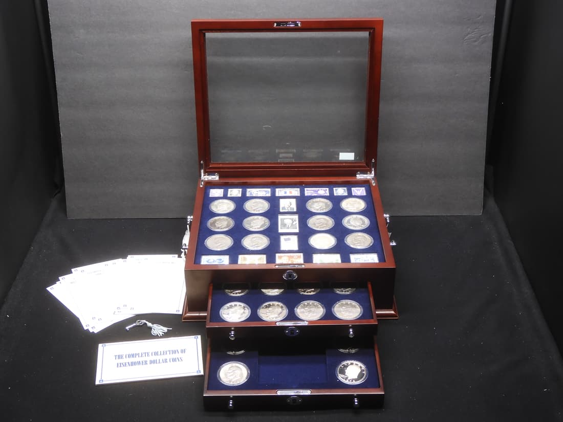 The Complete Collection of Eisenhower Dollar Coins w/ Wooden Case w/ Key - 30 Coins & Stamps (1 of 20)