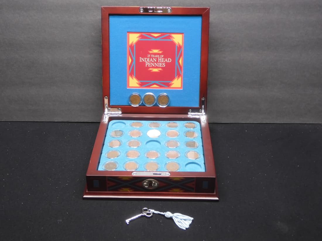 25 Years of Indian Head Pennies w/ Decorative Wooden Box w/ Key (1 of 10)