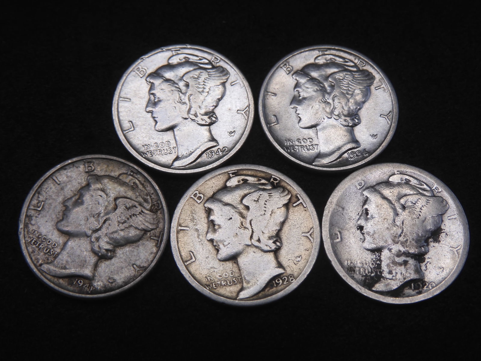 (5) Mercury Dimes 1920, 1928, 1944, 1942-S, 1936 (1 of 2)