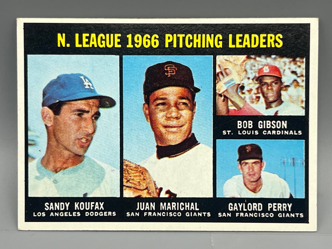 1967 Topps #236 N.L. Pitching Leaders Sandy Koufax, Juan Marichal, Bob Gibson, & Gaylord Perry (1 of 2)