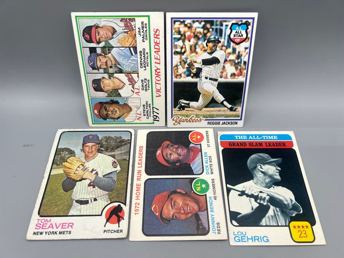 Lot of (5) 1970's Topps Baseball Star Player Cards - Varying Conditions - Lou Gehrig, Tom Seaver, (1 of 2)