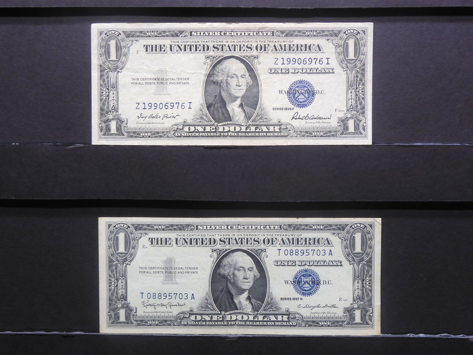 1935-F 1957-B Bright Crisp $1 Blue Seal Silver Certificates.  George Washington Portrait.  2 Notes. (1 of 7)