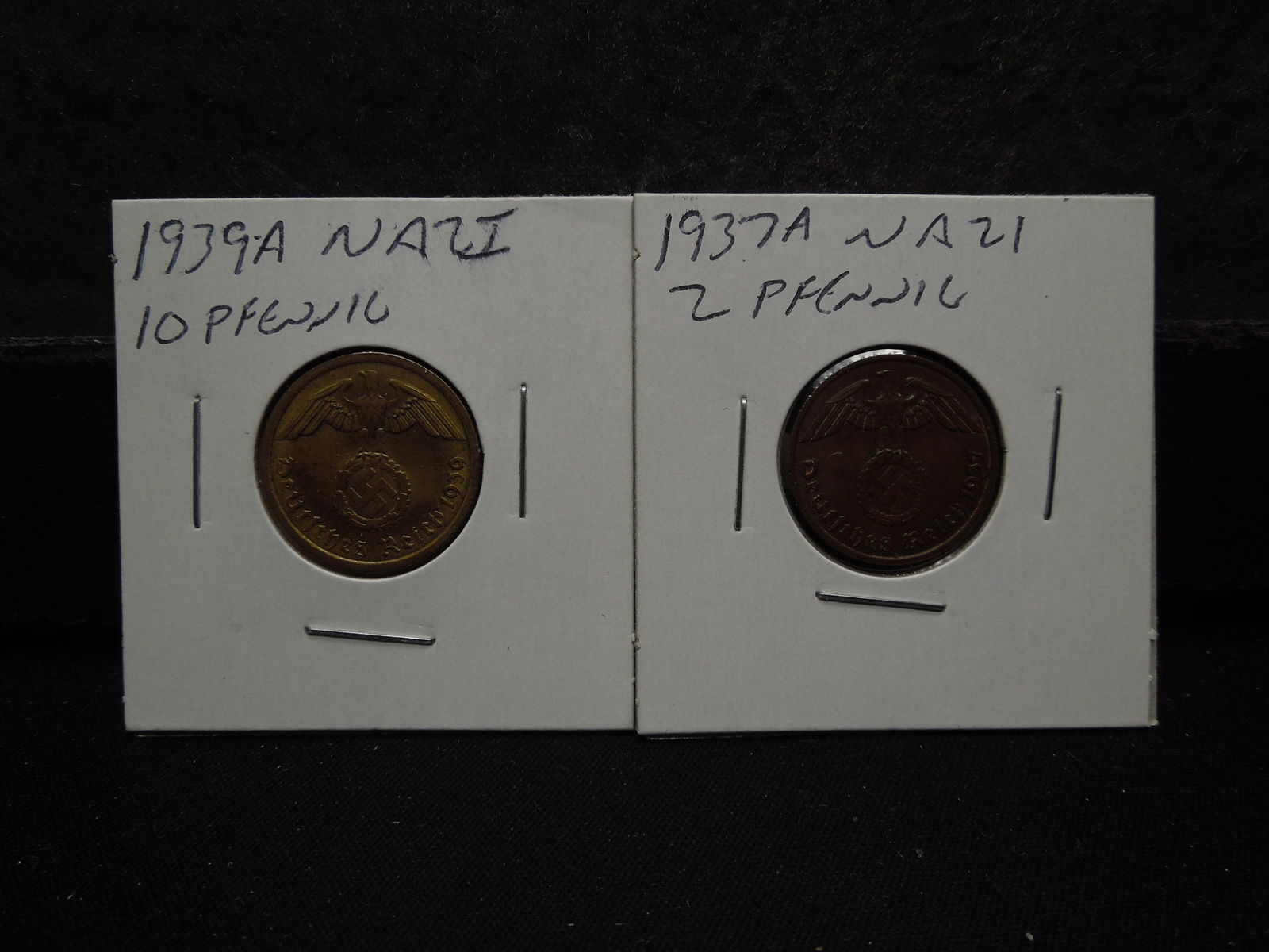 1937A 2 Pfennig and 1939A 10 Pfennig High Grade German Coins with Historic Symbol. (1 of 3)