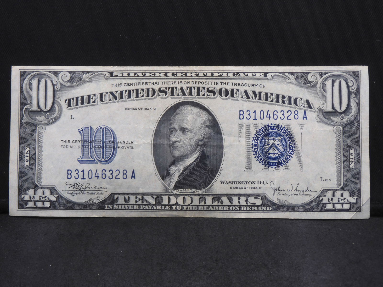 1934-C Bright, Crisp $10 U.S. Blue Seal Silver Certificate.  Bust Of Alexander Hamilton. (1 of 3)