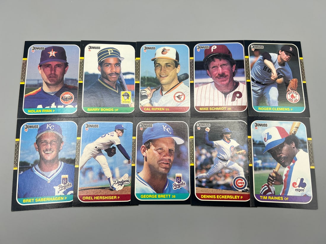 Lot of (10) 1987 Donruss Baseball Star Player Cards - Varying Conditions - Nolan Ryan, Barry Bonds: Lot of (10) 1987 Donruss Baseball Star Player Cards - Varying Conditions - Nolan Ryan, Barry Bonds RC, Roger Clemens