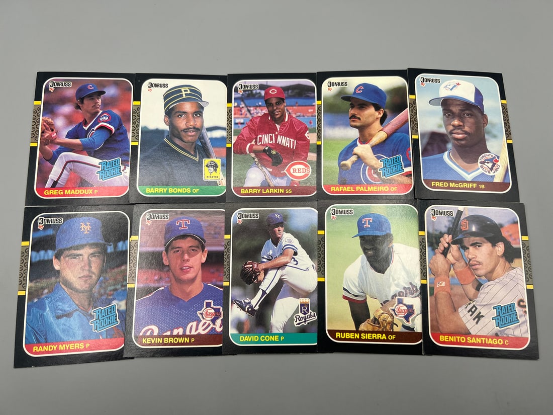 Lot of (10) 1987 Donruss Baseball Star Player Cards - Varying Conditions - Greg Maddux RC, Barry: Lot of (10) 1987 Donruss Baseball Star Player Cards - Varying Conditions - Greg Maddux RC, Barry Bonds RC, Barry Larkin RC