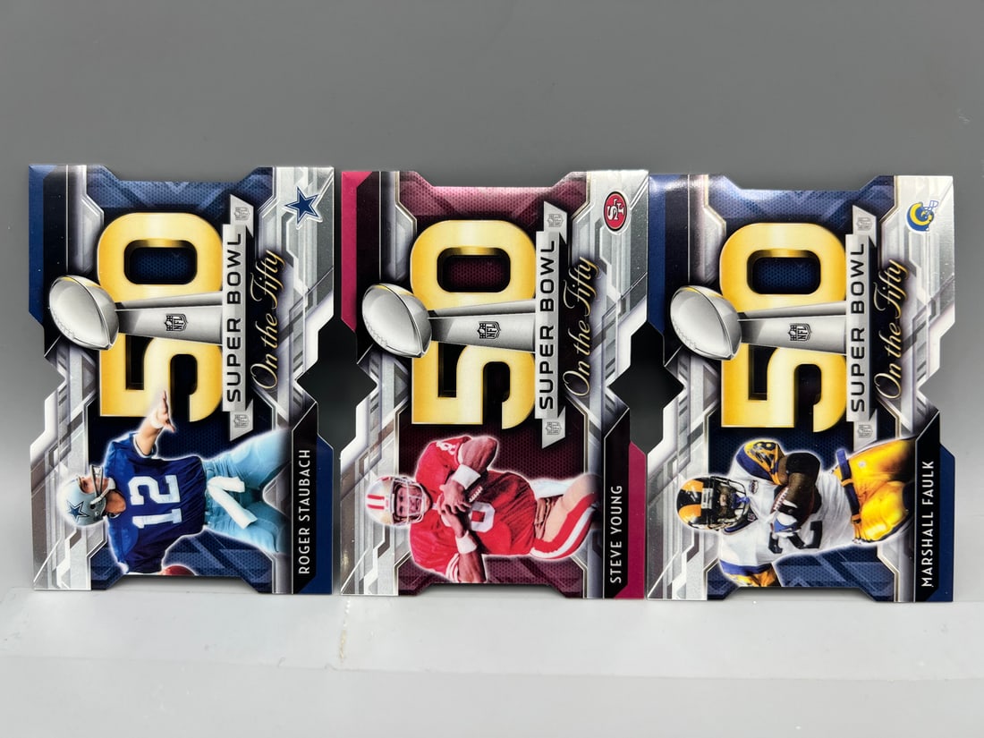 Lot of (3) 2015 Topps 50th Anniversary Star Player Die Cuts - Steve Young, Roger Staubach, Marshall: Lot of (3) 2015 Topps 50th Anniversary Star Player Die Cuts - Steve Young, Roger Staubach, Marshall Faulk
