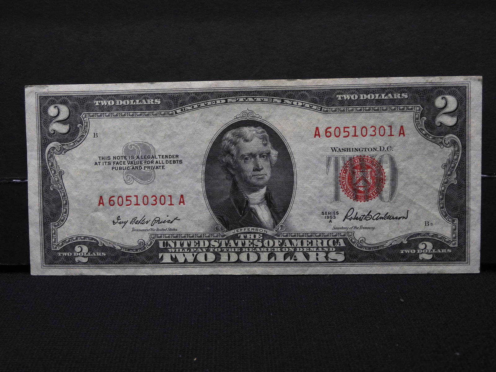 1953 A, Crisp, red, bookends, $2 bill, 70 years old!: 1953 A, Crisp, red, bookends, $2 bill, 70 years old!