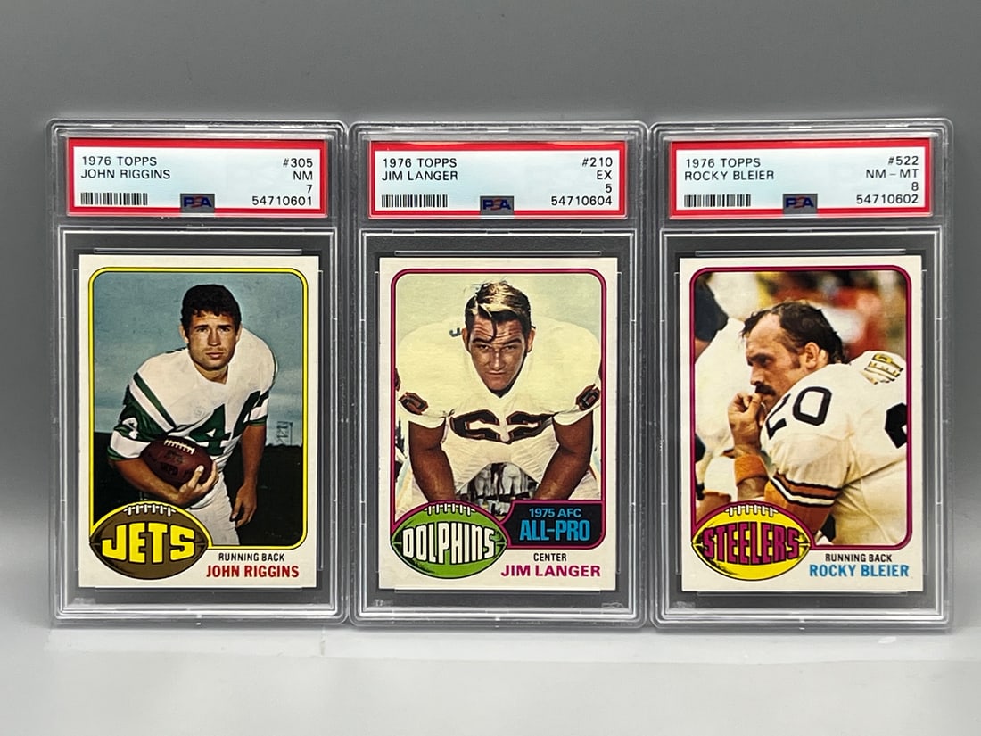 Lot of (3) 1976 Topps Football Langer HOF #205 PSA 5, Riggins HOF #305 PSA 7 and Rocky Bleier #522 (1 of 2)