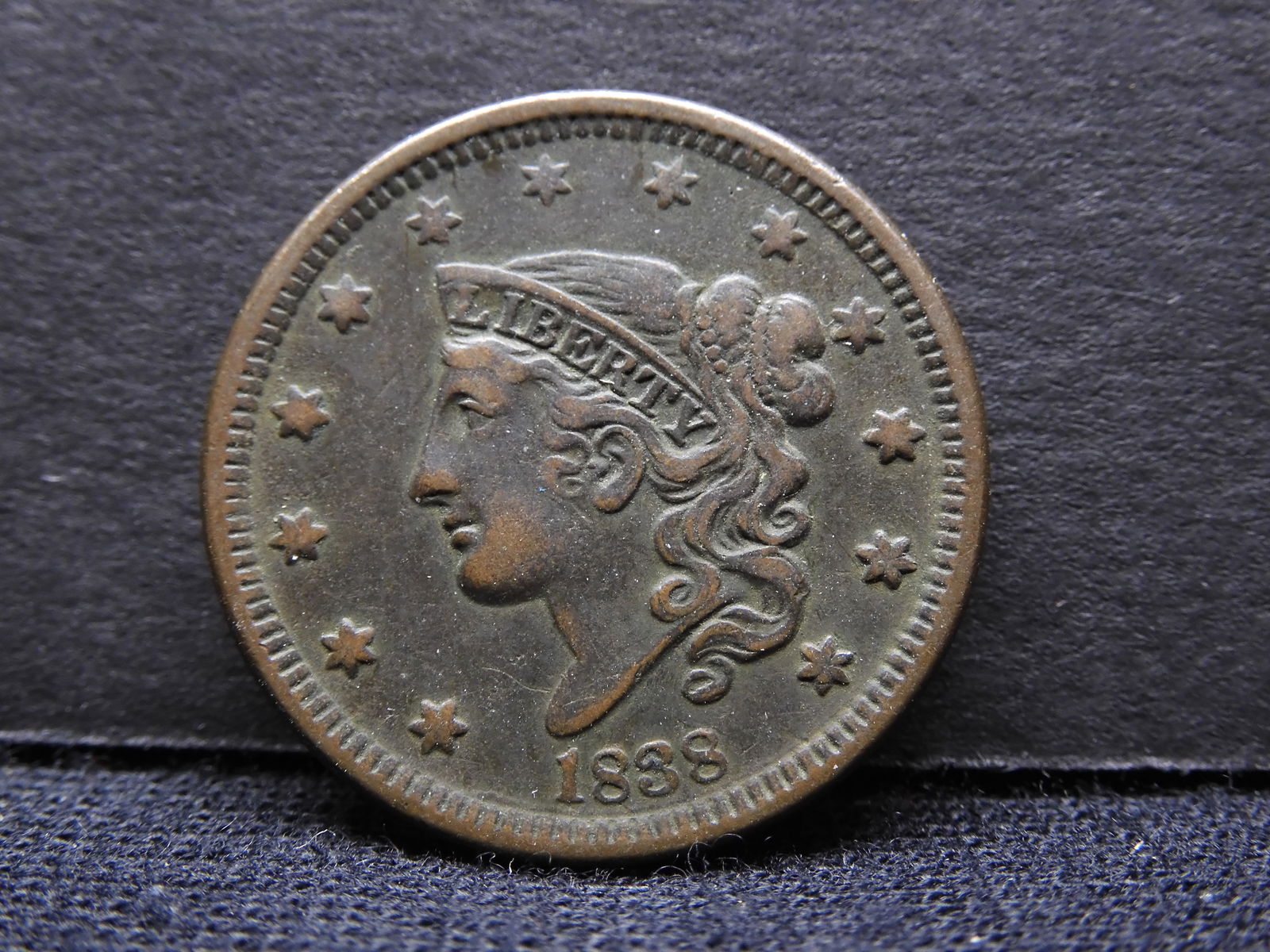 1838 Large Cent.  Medium Brown.  Original VF/XF. (1 of 3)