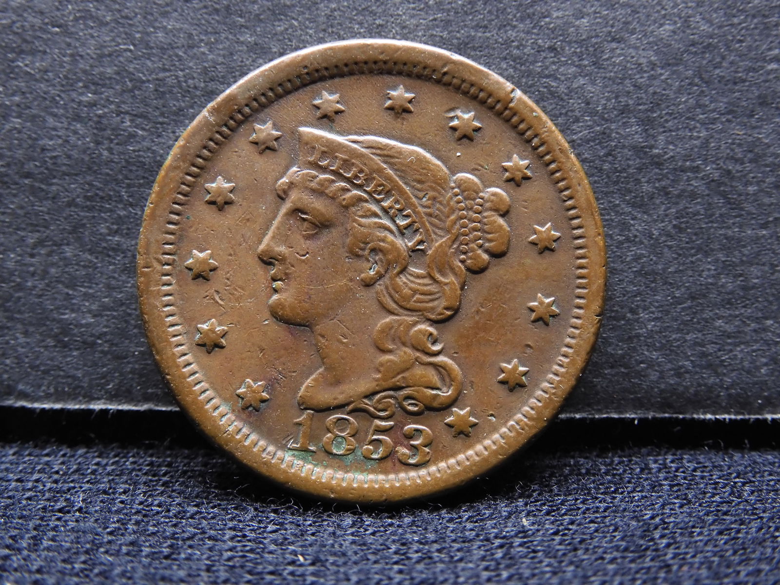 1853 Large Cent.  Medium Brown.  Original XF/AU. (1 of 3)