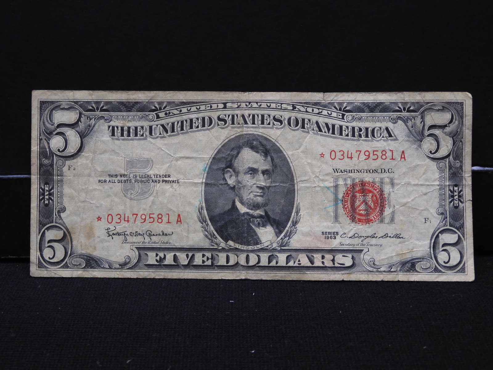 1963 $5 U.S. Red Seal STAR United States Note.  Bust Of Abraham Lincoln. (1 of 3)