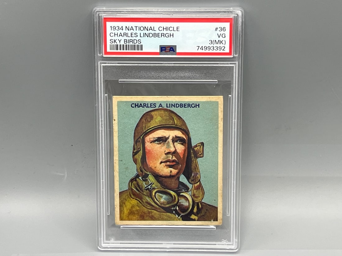 1934 National Chicle Charles Lindbergh Sky Birds #36 PSA VG 3(MK): 1934 National Chicle Charles Lindbergh Sky Birds #36 PSA VG 3(MK)