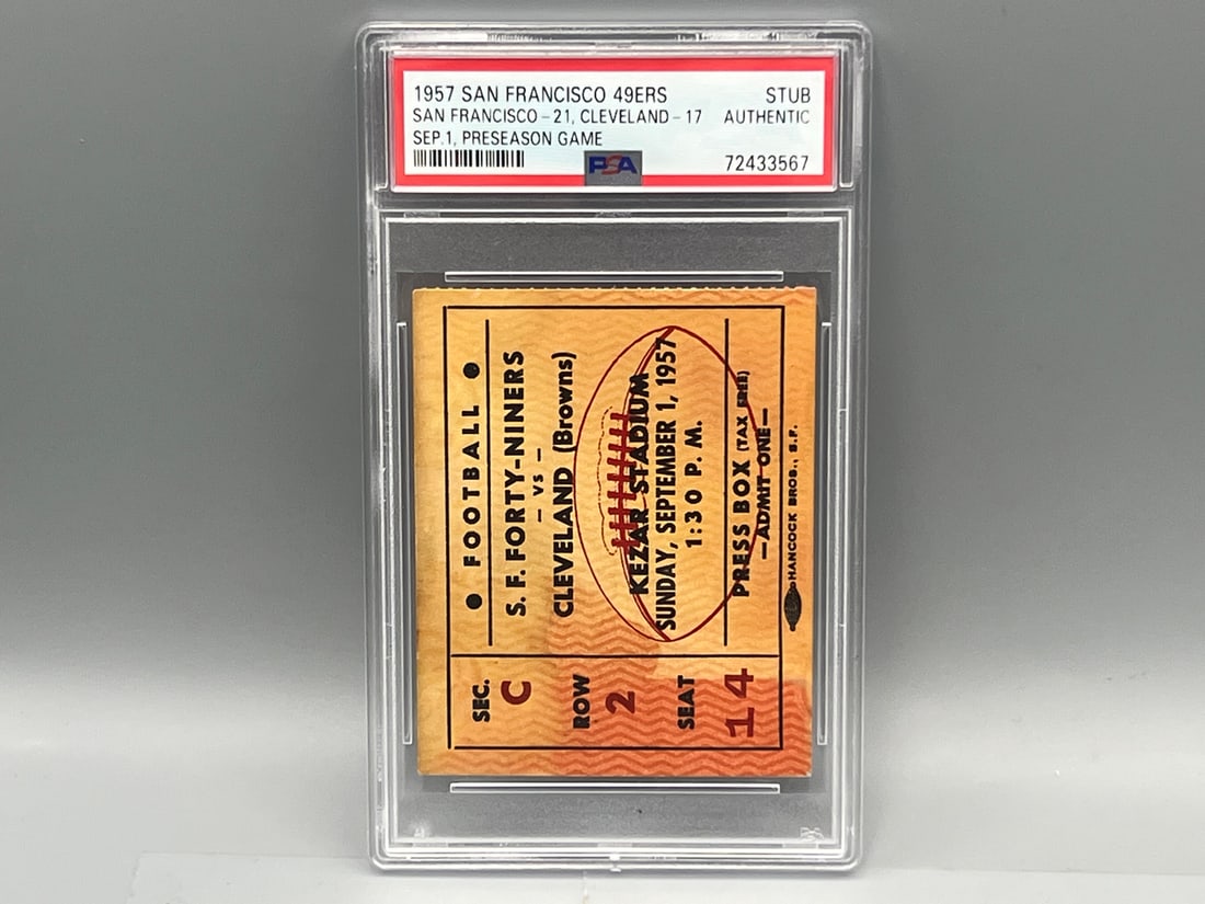 1957 Jim Brown Rookie Year Preaseason Game #3 San Francisco 49ers Vs. Cleveland Browns Football Game: 1957 Jim Brown Rookie Year Preaseason Game #3 San Francisco 49ers Vs. Cleveland Browns Football Game Ticket Stub PSA Authentic - Jim Brown Rookie Year