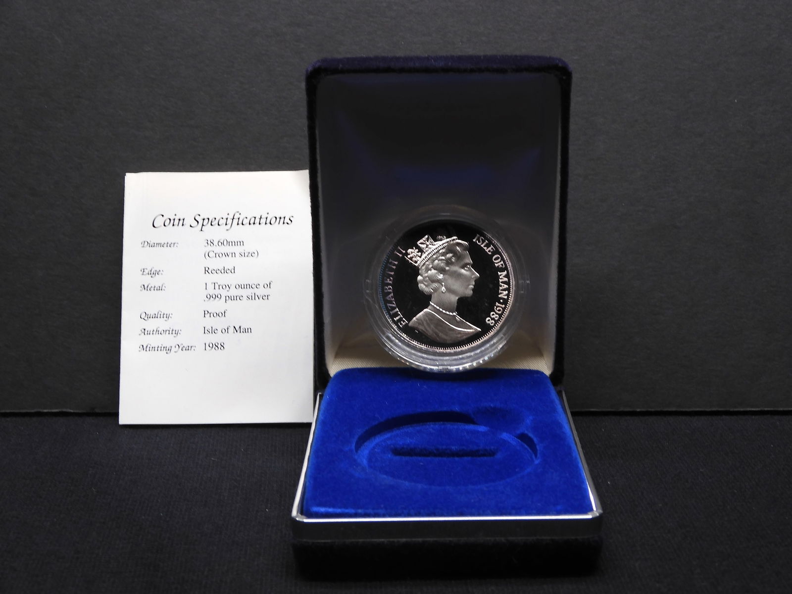 1988 Isle of Man .925 silver Cat crown 1 TOZ.  GEM Proof in original box.  Manx cat. (1 of 4)