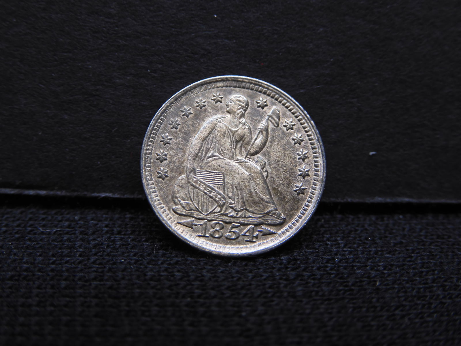 1854 Seated Half Dime.  Attractive AU detail.  Pretty tone. (1 of 3)