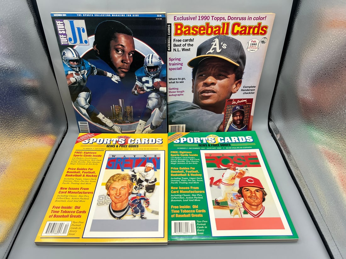 Lot of (4) Assorted Sports Magazines W/ Uncut Card Sheets Inside - Barry Sanders, Rickey Henderson,: Lot of (4) Assorted Sports Magazines W/ Uncut Card Sheets Inside - Barry Sanders, Rickey Henderson, Wayne Gretzky - Michael Jordan/Wilt Chamberlain Poster