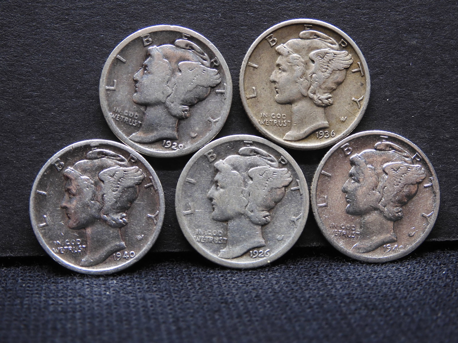 (5) Mercury Dimes  1936, 1940-D, 1940-D, 1929, 1926 (1 of 2)