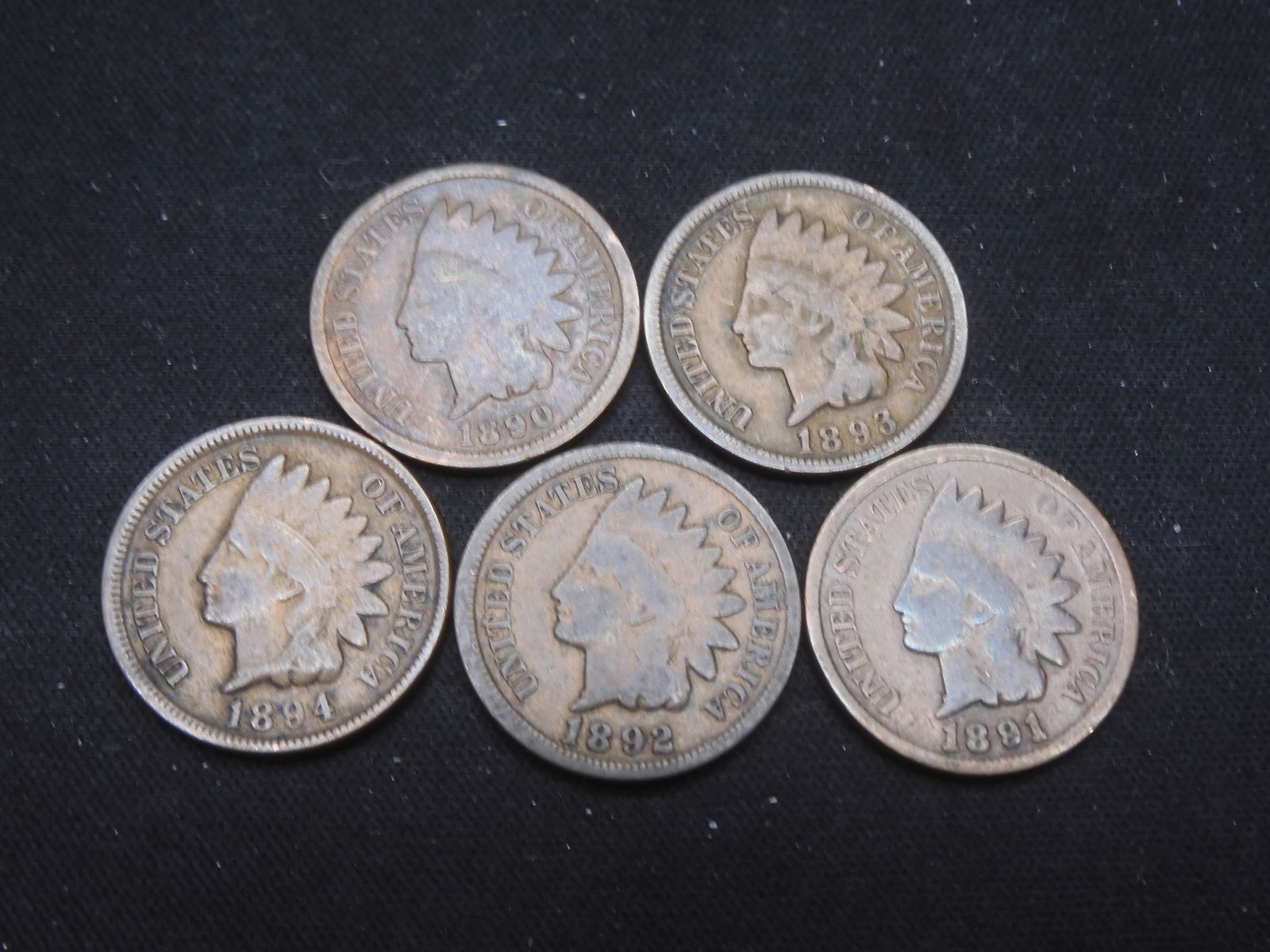1890-1894 Indian Cents - 5 Consecutive Dates (1 of 2)
